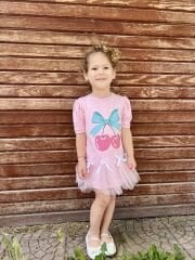 Pembe kirazlı tütülü fiyonk detaylı elbise