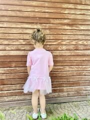 Pembe kirazlı tütülü fiyonk detaylı elbise