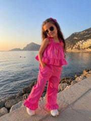 Pembe fırfırlı pamuklu kız çocuk takım