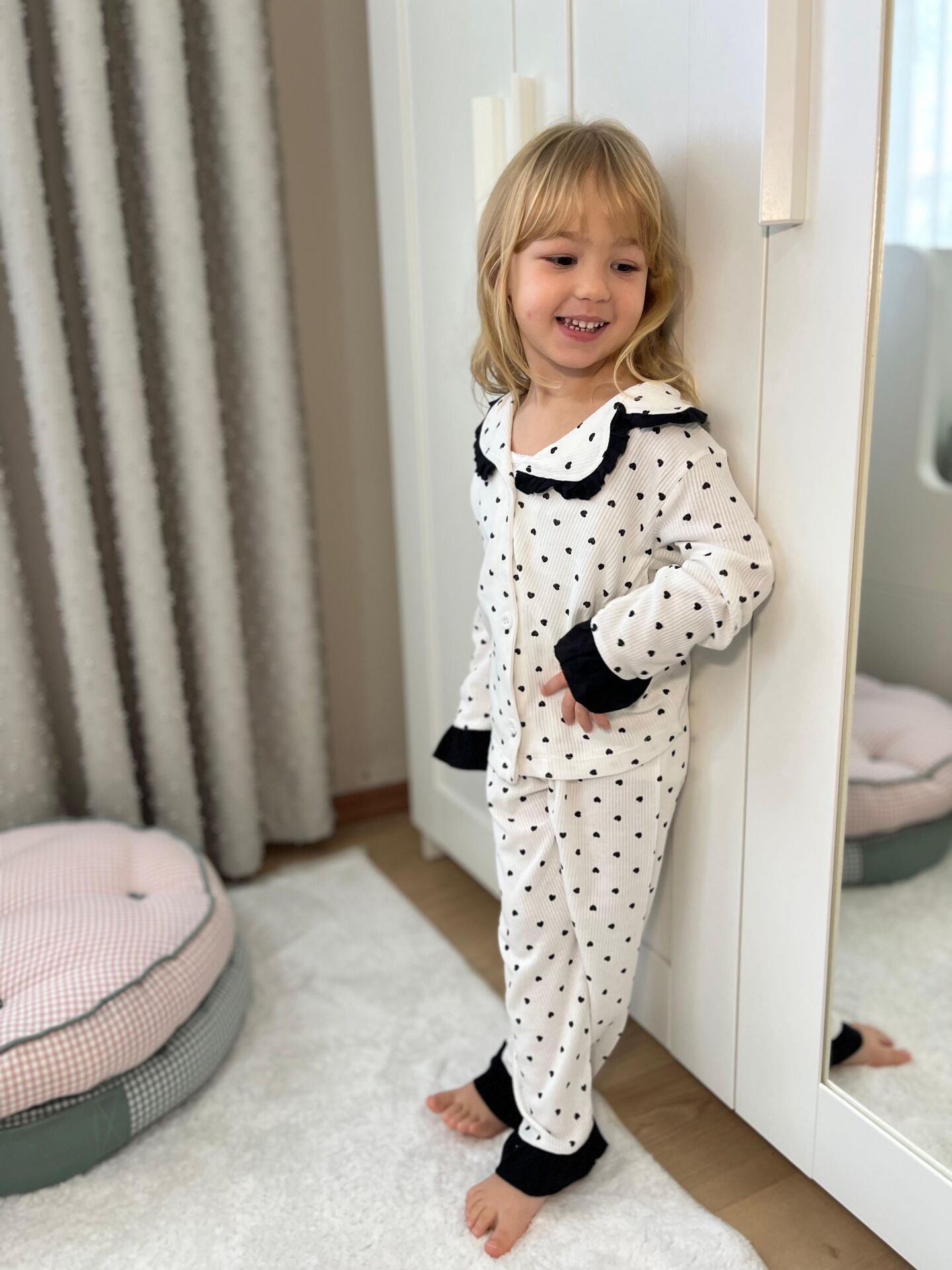 Kalp fırfır detaylı pamuklu pijama takımı