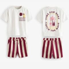 Bordo çizgili şortlu erkek takım