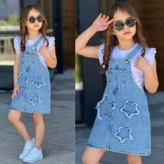 Yıldız detaylı kot slopet elbise(beyaz badi hediyeli)