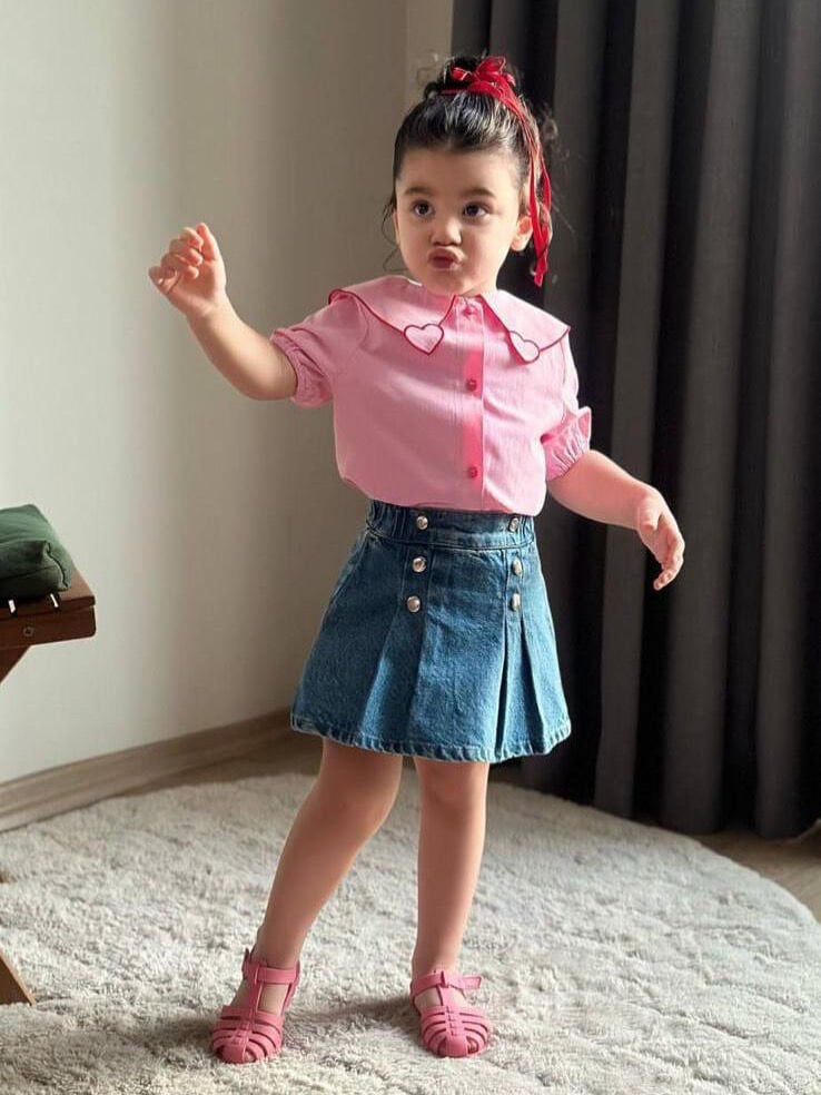 Kalpli gömlekli kız çocuk şort etekli takım