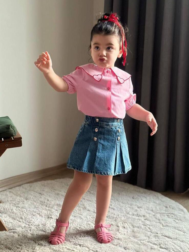 Kalpli gömlekli kız çocuk şort etekli takım