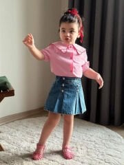 Kalpli gömlekli kız çocuk şort etekli takım