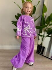 Mor çiçek şerit detay pamuklu takım
