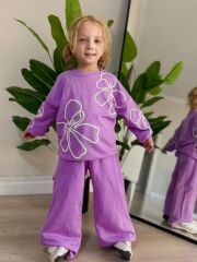 Mor çiçek şerit detay pamuklu takım