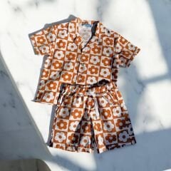 Kahverengi çiçekli unisex Keten şortlu takım