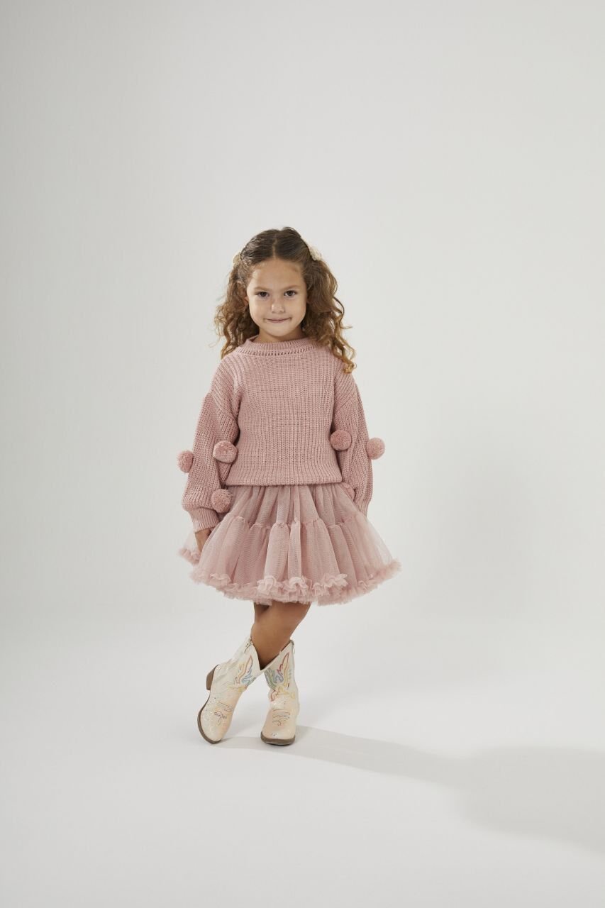 Ponpon detaylı triko kazak tütü etekli takım