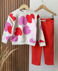 Kalp detay 3 ip şardonsuz pamuklu takım