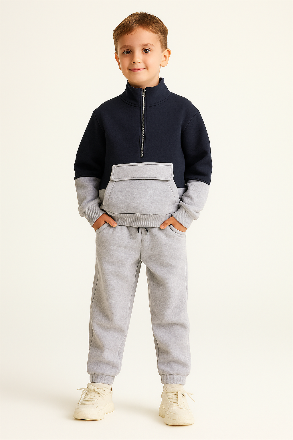 Balıkçı yaka fermuarlı 3 ip şardonlu pamuklu takım (Unisex)