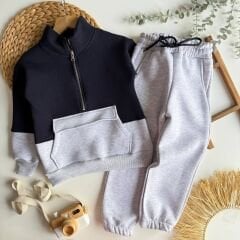 Balıkçı yaka fermuarlı 3 ip şardonlu pamuklu takım (Unisex)