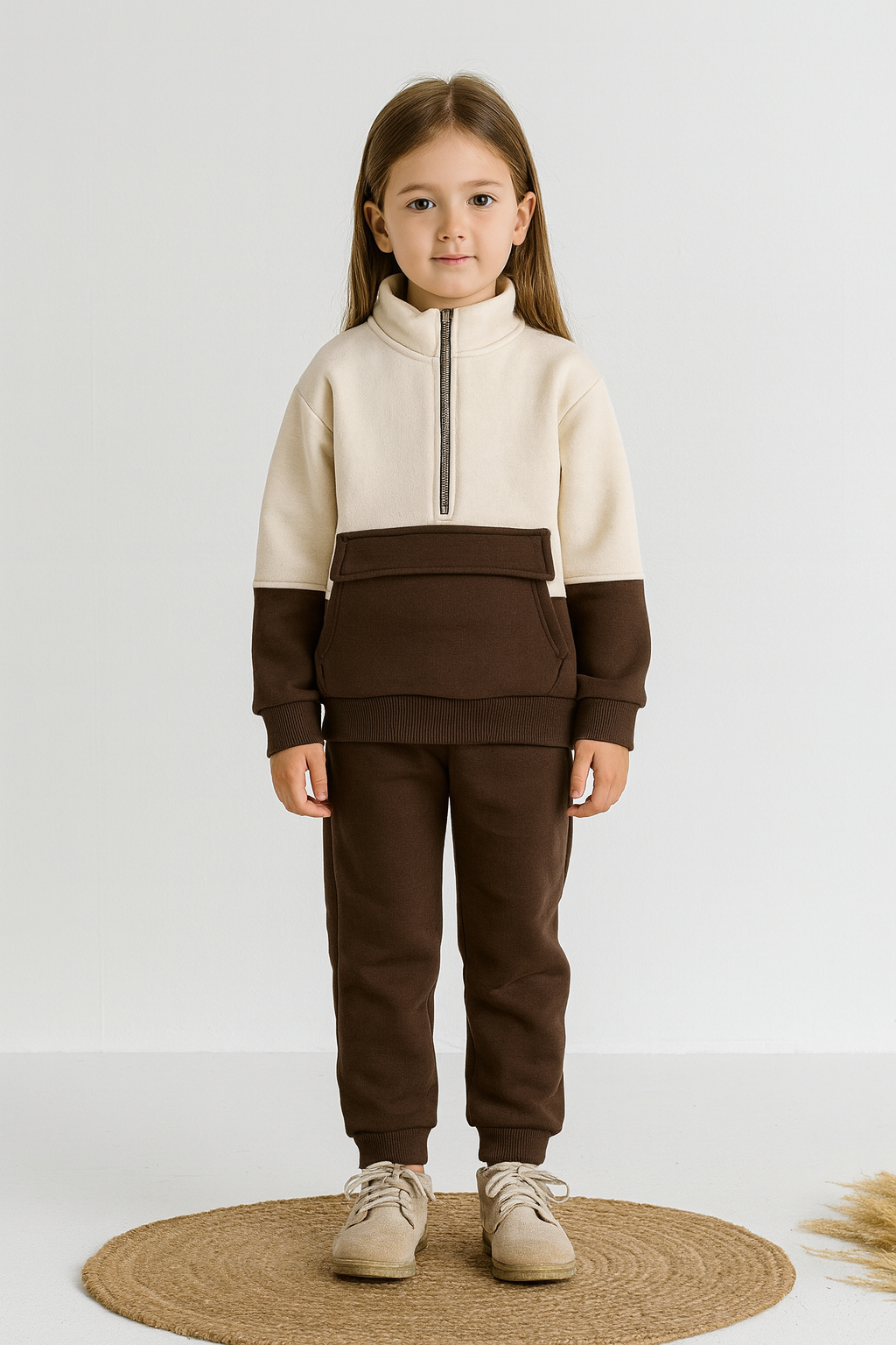 Balıkçı yaka fermuarlı 3 ip şardonlu pamuklu takım