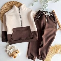 Balıkçı yaka fermuarlı 3 ip şardonlu pamuklu takım