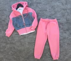 Pembe kot detaylı hırkalı pamuklu takım