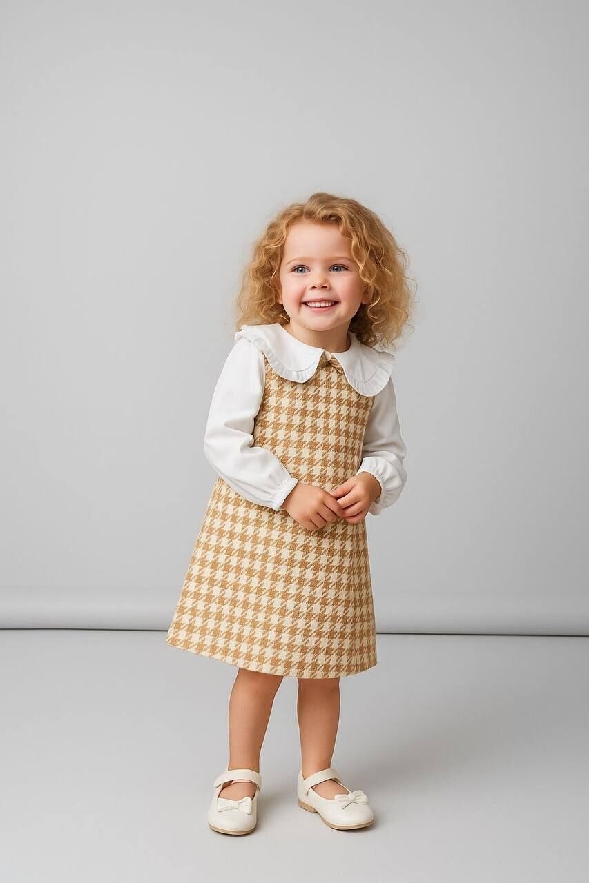 Fiyonk detaylı kaz ayağı desenli elbise