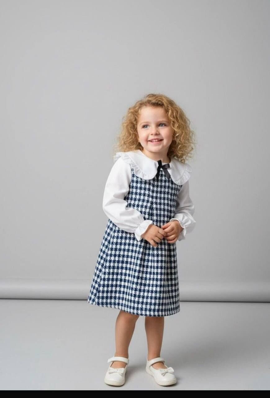 Fiyonk detay kaz ayağı desenli pamuklu elbise