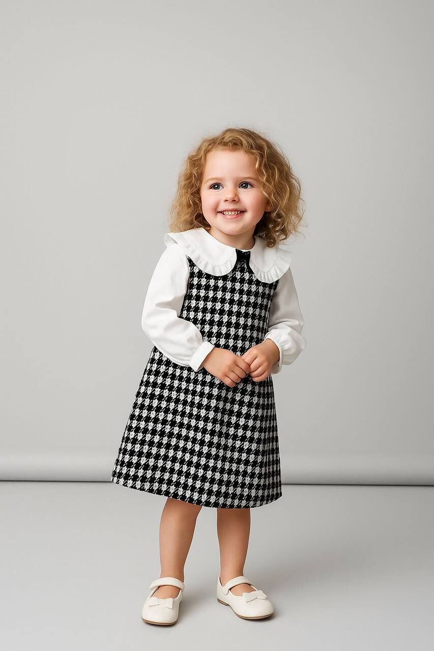 Fiyonk detay kaz ayağı desenli pamuklu elbise