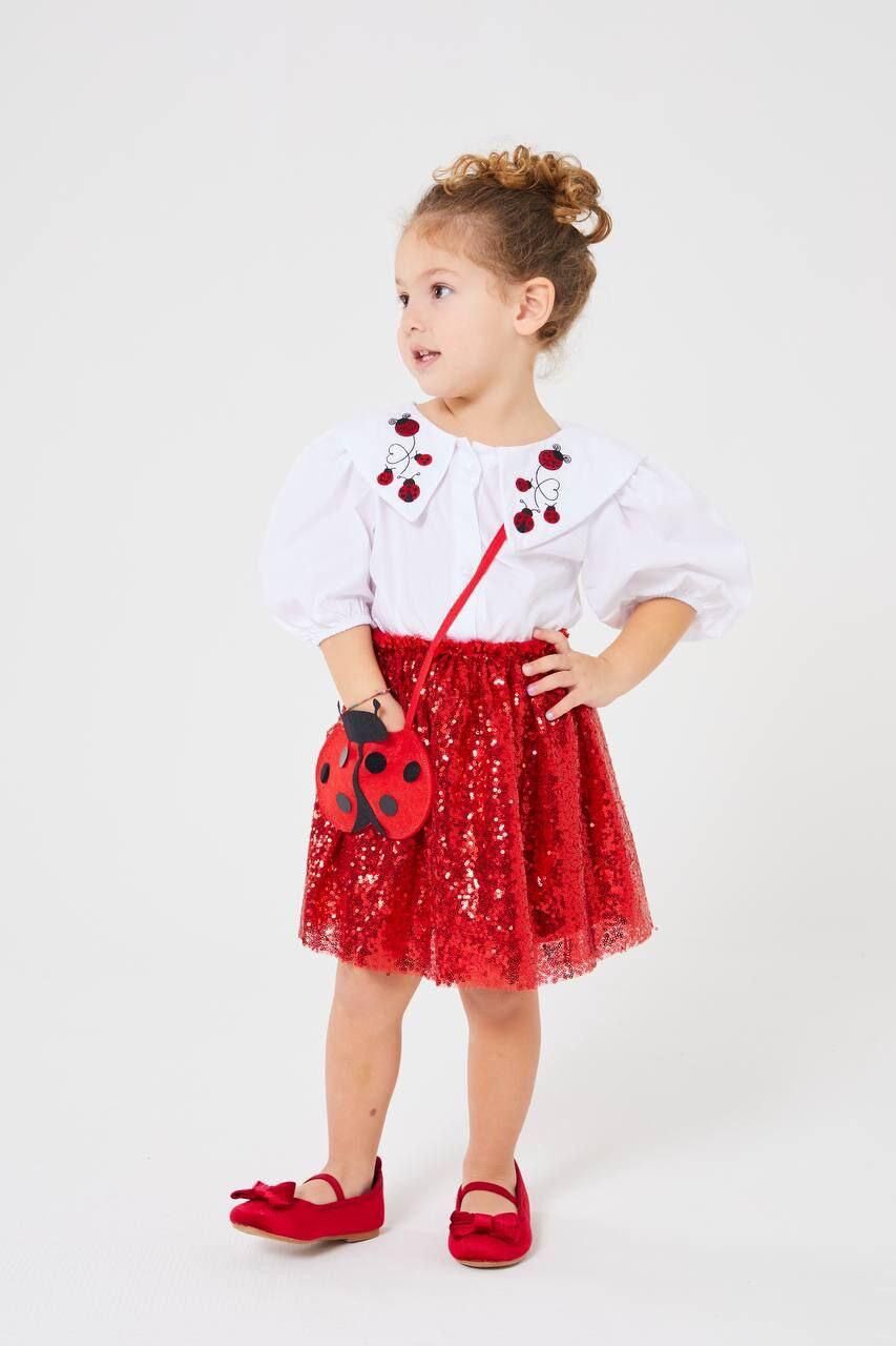 Uğur böceği yaka detaylı kırmızı pul payetli etekli takım (çanta hediyeli)