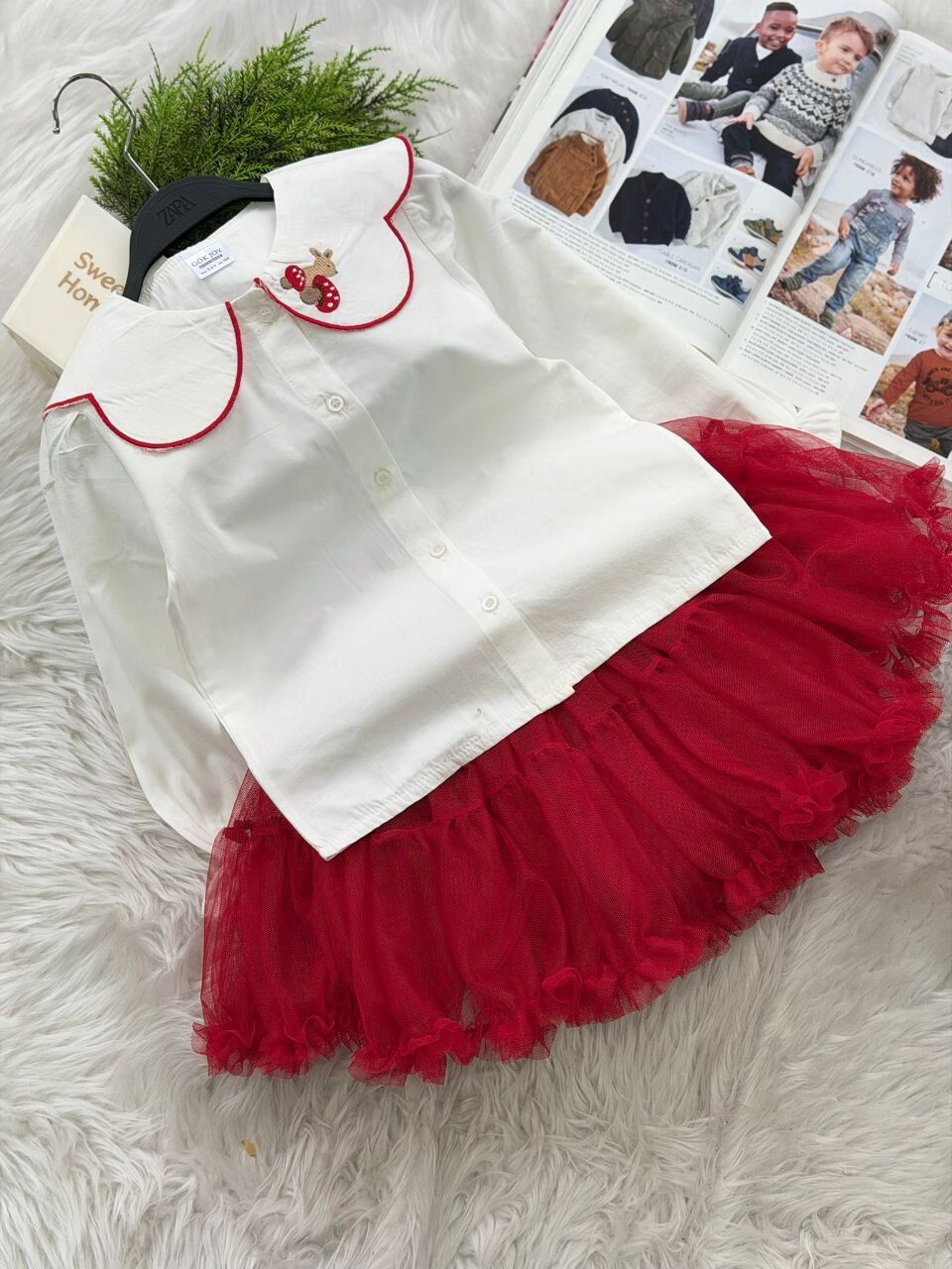 Nakış yaka detay gömlek karnaval etekli takım