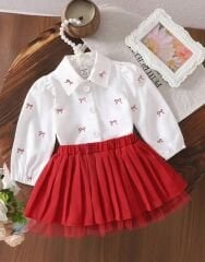 Fiyonk detay gömlek ve etekli takım