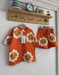 Turuncu güneş detay Unisex şortlu takım