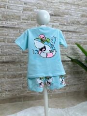 Köpek balığı baskılı Unisex şortlu takım