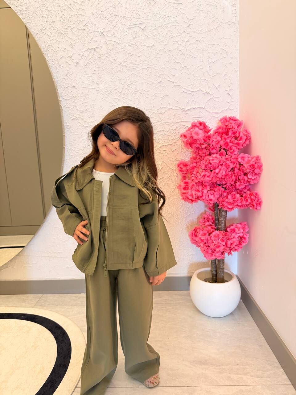 Kız çocuk pamuklu dokuma ceket pantolon takım