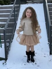 Bej renk ponpon detaylı tütü etekli pamuklu takım