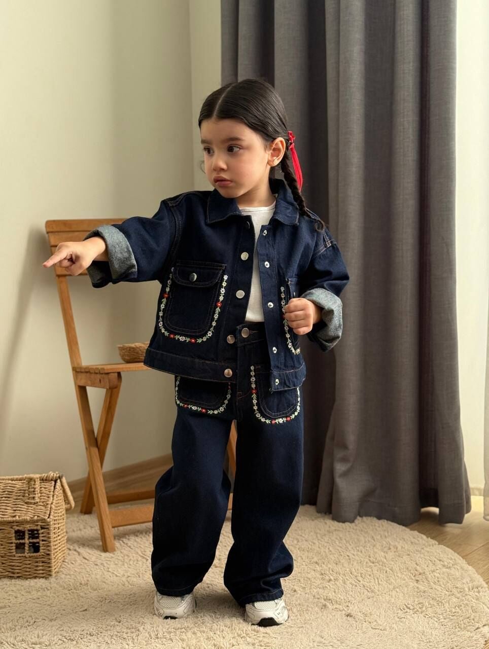 Nakış detaylı kot ceket pantolon takım(badi dahil)