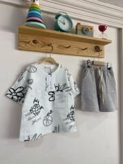 Beyaz gri pamuklu şortlu takım