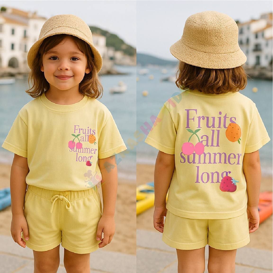 Sarı şortlu pamuklu takım