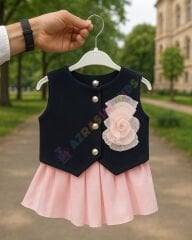 Lacivert yelek pembe pileli etekli kombin