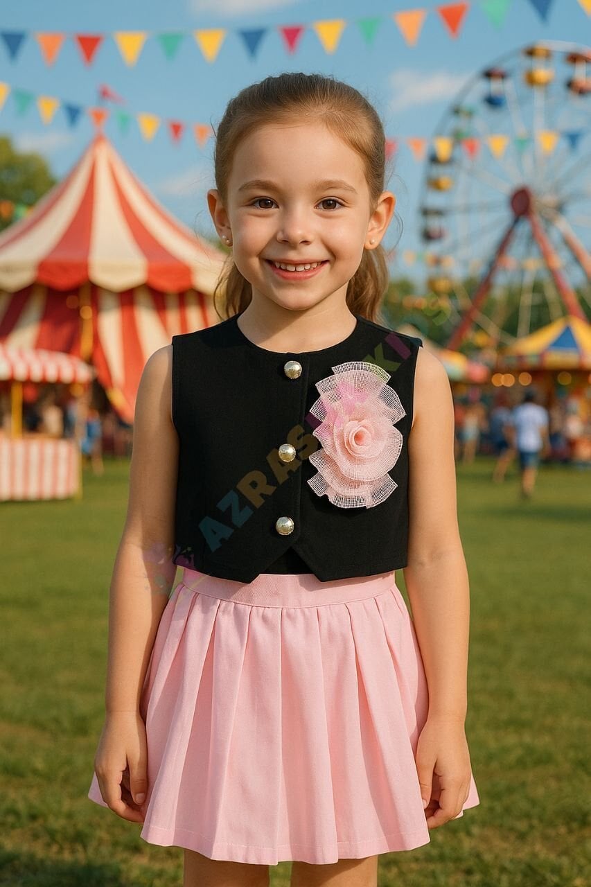 Lacivert yelek pembe pileli etekli kombin