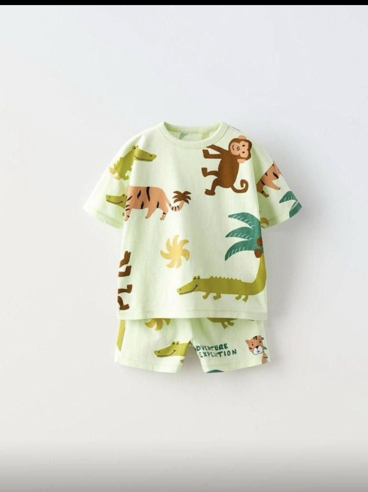 Yeşil maymun baskılı pamuklu takım