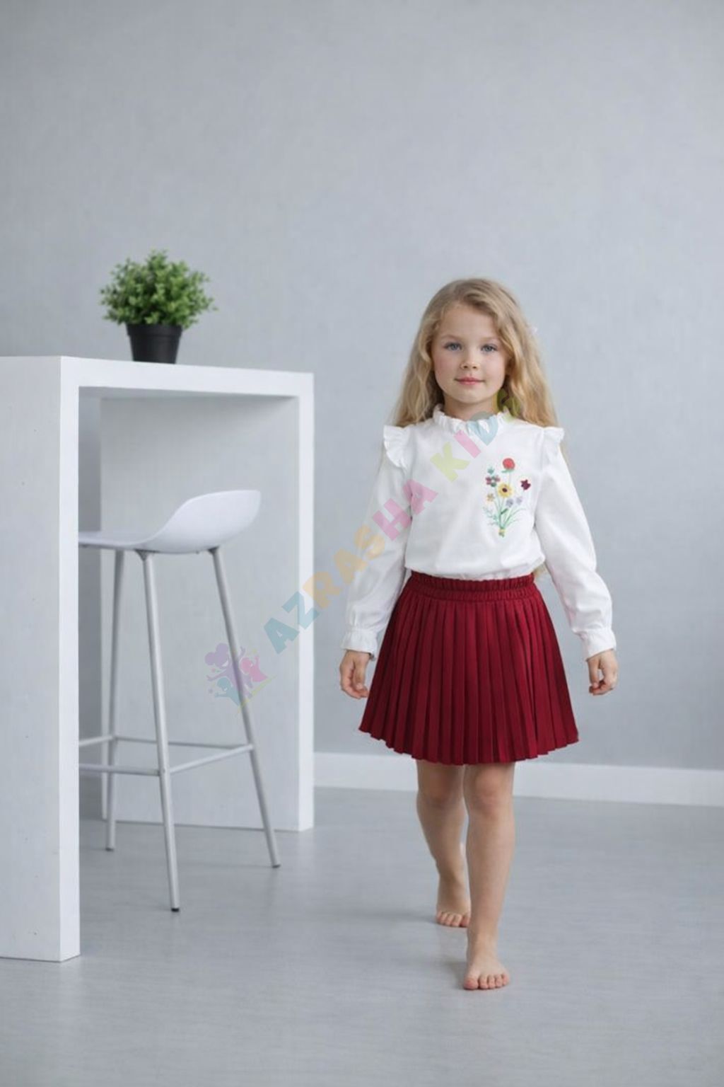 Nakış detay gömlek pileli etekli takım